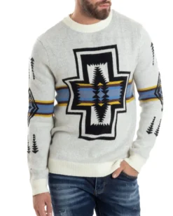 Maglione Uomo Girocollo Pullover Caldo Fantasia Jacquard Azteca Etnico Panna GIOSAL-M2957A