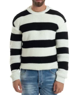 Maglione Uomo Girocollo Rigato Maglia Inglese Comoda Pullover Caldo Casual Bicolore Nero GIOSAL-M2922A