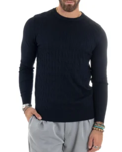Maglione Uomo Girocollo Viscosa Treccia Maglioncino Lavorato Maglia Calda Basic Maniche Lunghe Tinta Unita Casual Blu GIOSAL-M2900A