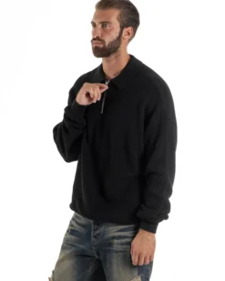 Maglione Uomo Polo Con Zip Maglia Inglese Con Colletto Nero M3023A