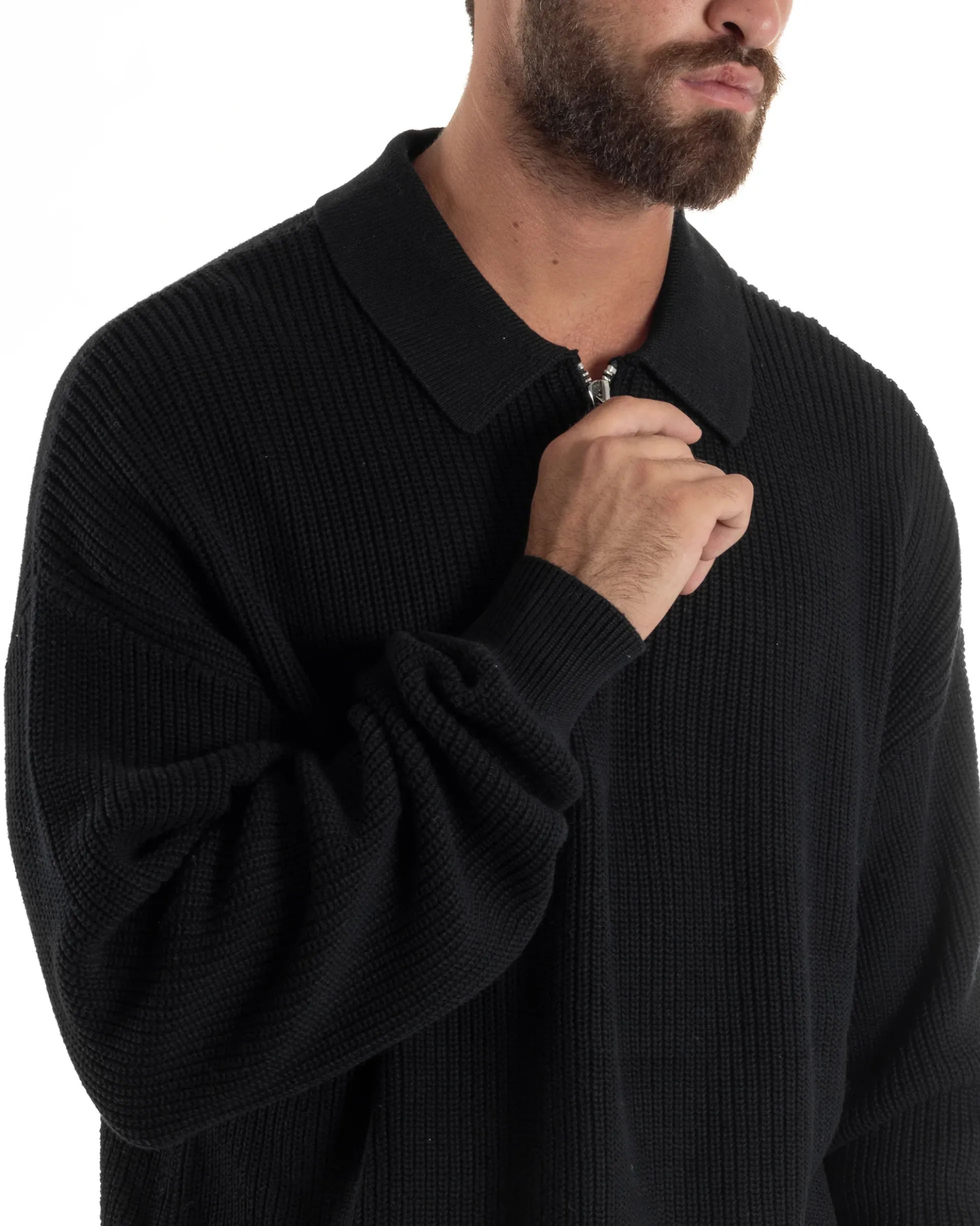 Maglione Uomo Polo Con Zip Maglia Inglese Con Colletto Nero M3023A