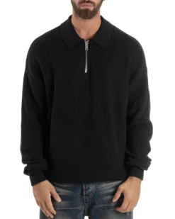 Maglione Uomo Polo Con Zip Maglia Inglese Con Colletto Nero M3023A