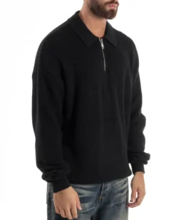Maglione Uomo Polo Con Zip Maglia Inglese Con Colletto Nero M3023A