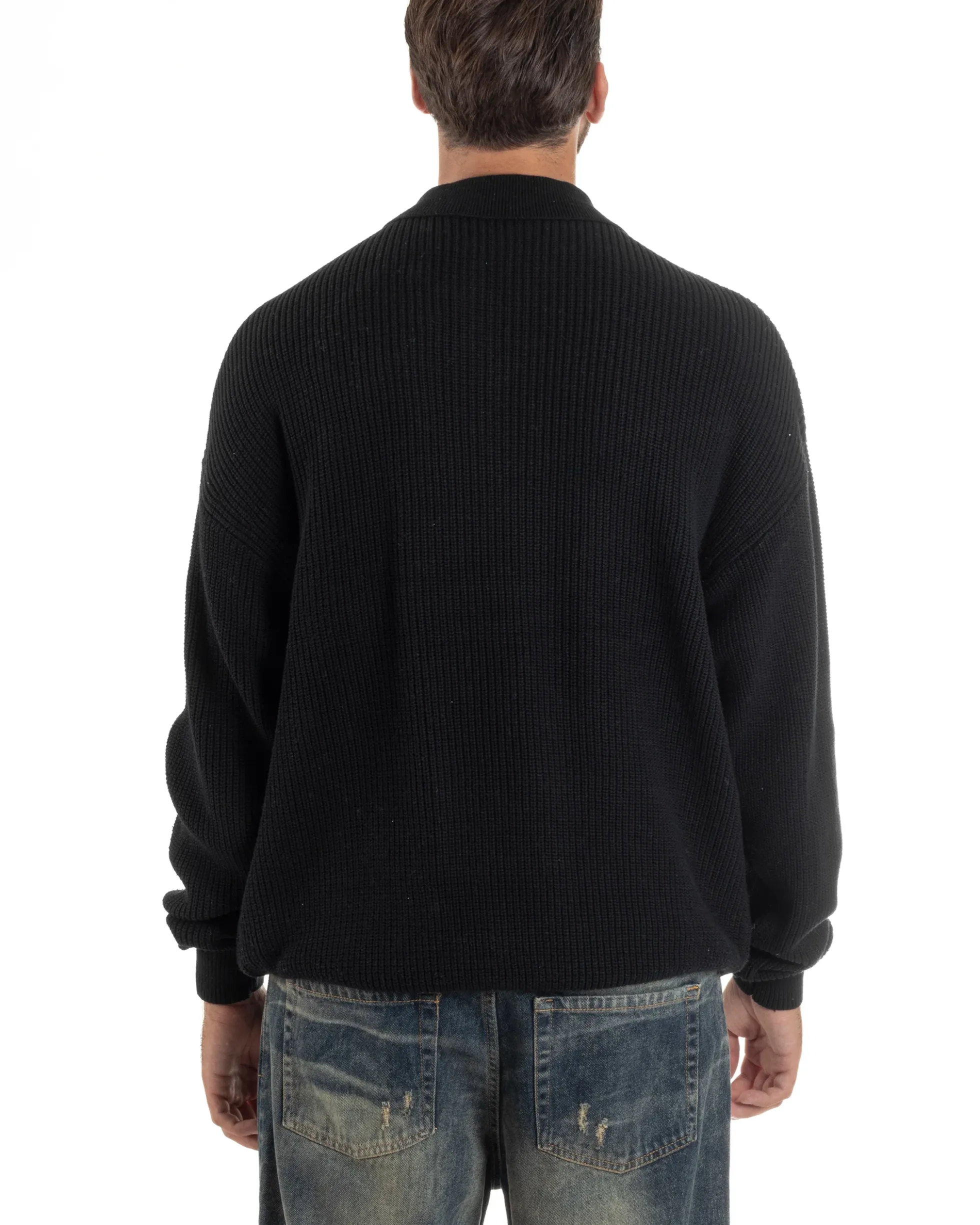 Maglione Uomo Polo Con Zip Maglia Inglese Con Colletto Nero M3023A