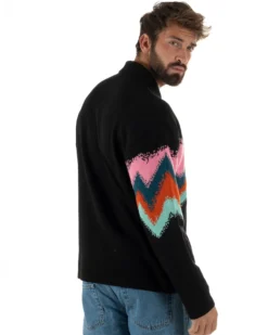 Maglione Uomo Polo Oversize Lana Spalle Scese Multicolore Nero M3086A