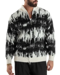 Maglione Uomo Pullover Zip Intera Maglia Lana Mohair Fantasia Bicolore Nero M3079A