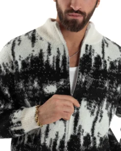 Maglione Uomo Pullover Zip Intera Maglia Lana Mohair Fantasia Bicolore Nero M3079A