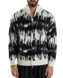Maglione Uomo Pullover Zip Intera Maglia Lana Mohair Fantasia Bicolore Nero M3079A