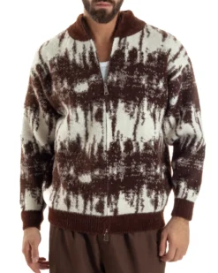 Maglione Uomo Pullover Zip Intera Maglia Lana Mohair Fantasia Bicolore Marrone M3078A