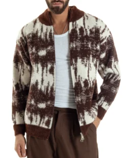 Maglione Uomo Pullover Zip Intera Maglia Lana Mohair Fantasia Bicolore Marrone M3078A