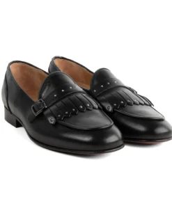 Mocassini uomo con fibbia frangia borchie argento scarpe copelle eleganti pelle vitello cerimonia suola di cuoio con ovalino antiscivolo casual nero GIOSAL-S1321A
