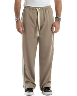 Pantalaccio Uomo Pantaloni Con Coulisse Morbido Viscosa Baggy Fondo Largo Comodo Beige Riga Lato GIOSAL-P6195A