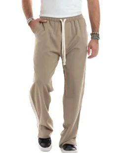 Pantalaccio Uomo Pantaloni Con Coulisse Morbido Viscosa Baggy Fondo Largo Comodo Beige Riga Lato GIOSAL-P6195A