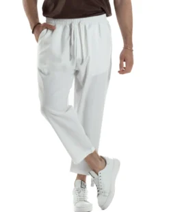 Pantalaccio Uomo Viscosa Pantaloni Casual Jogger Japan Cropped Dritto Tinta Unita Bianco GIOSAL-P6294A
