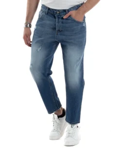 Pantaloni Jeans Uomo Loose Fit Denim Basic Blu Cinque Tasche Con Rotture GIOSAL-JS1037A