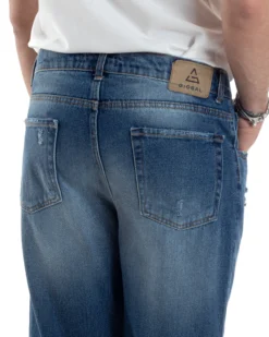 Pantaloni Jeans Uomo Loose Fit Denim Basic Blu Cinque Tasche Con Rotture GIOSAL-JS1037A