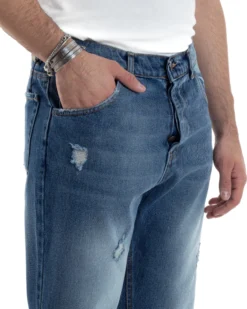Pantaloni Jeans Uomo Loose Fit Denim Basic Blu Cinque Tasche Con Rotture GIOSAL-JS1037A