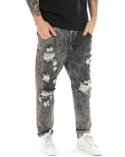 Pantaloni Jeans Uomo Loose Fit Denim Con Rotture Stone Washed Nero Casual GIOSAL-P5058A