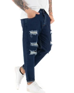 Pantaloni Jeans Uomo Loose Fit Con Rotture Sfrangiato Basic Classico Blue Denim GIOSAL-P5064A