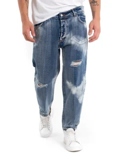 Pantaloni Jeans Uomo Loose Fit Classico Cinque Tasche Con Rotture Stone Washed Casual Denim Sfumato GIOSAL-P5472A