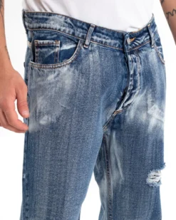 Pantaloni Jeans Uomo Loose Fit Classico Cinque Tasche Con Rotture Stone Washed Casual Denim Sfumato GIOSAL-P5472A