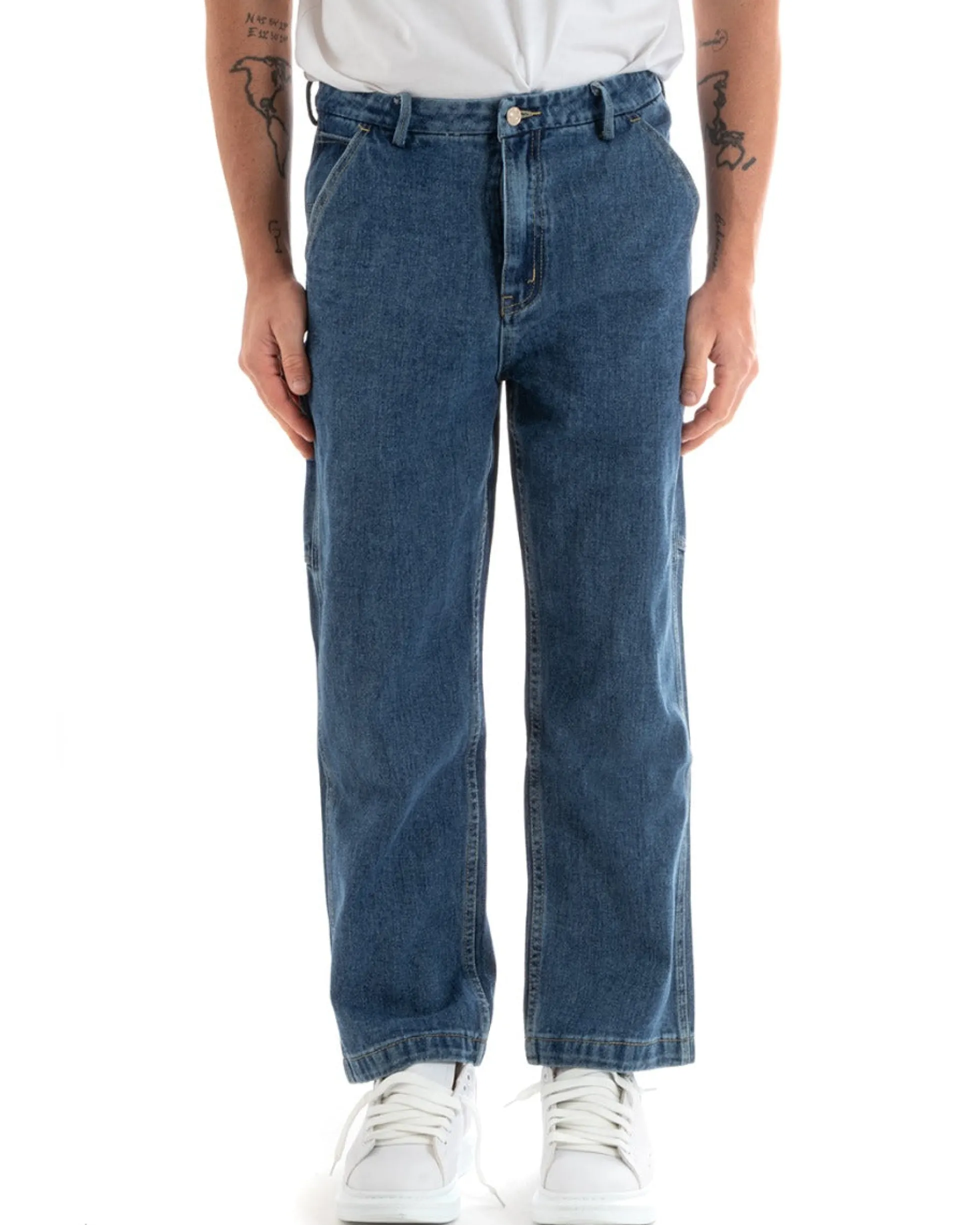 Pantaloni Jeans Uomo Wide Leg Basic Cargo Cinque Tasche Casual Denim GIOSAL-P5729A