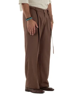 Pantaloni lino uomo baggy fit fondo ampio cintura marrone GIOSAL-P6318A