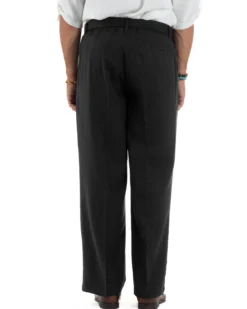 Pantaloni lino uomo baggy fit fondo ampio cintura nero GIOSAL-P6317A
