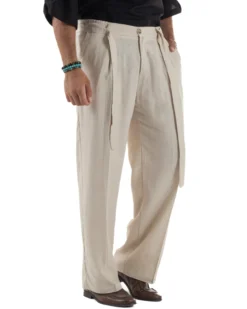 Pantaloni lino uomo baggy fit fondo ampio cintura beige GIOSAL-P6314A