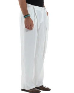 Pantaloni lino uomo baggy fit fondo ampio cintura bianco GIOSAL-P6316A