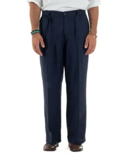 Pantaloni lino uomo baggy fit fondo ampio cintura blu GIOSAL-P6315A