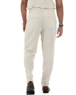 Pantaloni Lino Uomo Tasche America Sartoriale Con Pinces Beige P6319A