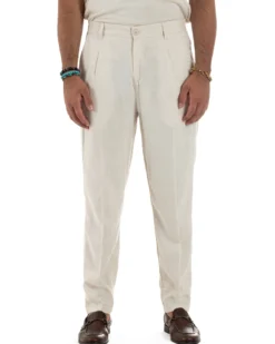 Pantaloni Lino Uomo Tasche America Sartoriale Con Pinces Beige P6319A