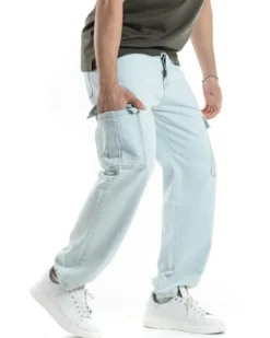 Pantaloni Uomo Cargo Tasconi Jeans Baggy Denim Chiaro Fondo Largo Ampio Casual GIOSAL-JS1020A