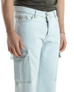 Pantaloni Uomo Cargo Tasconi Jeans Baggy Denim Chiaro Fondo Largo Ampio Casual GIOSAL-JS1020A
