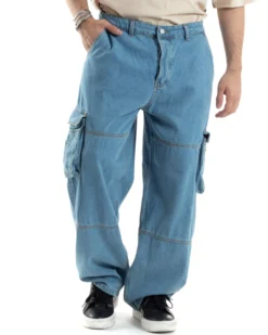 Pantaloni Uomo Cargo Tasconi Jeans Baggy Carpenter Oversize Denim Fondo Largo Ampio GIOSAL-JS1028A
