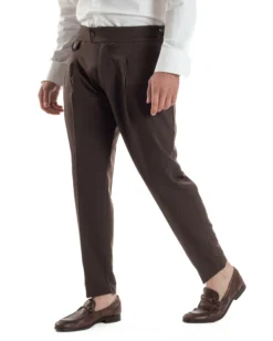 Pantaloni Uomo Classico Con Pinces Vita Alta Gurkha Pants Abbottonatura Allungata Fibbie Viscosa Estivo Casual Marrone GIOSAL-P6273A