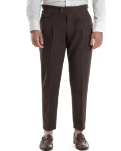 Pantaloni Uomo Classico Con Pinces Vita Alta Gurkha Pants Abbottonatura Allungata Fibbie Viscosa Estivo Casual Marrone GIOSAL-P6273A