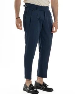 Pantaloni Uomo Classico Con Pinces Vita Alta Gurkha Pants Abbottonatura Allungata Fibbie Viscosa Estivo Casual Blu GIOSAL-P6272A