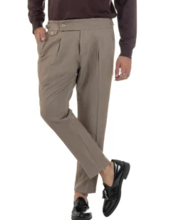 Pantaloni Uomo Classico Con Pinces Viscosa Vita Alta Gurkha Pants Fibbie Beige Melangiato P6368A