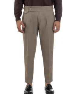 Pantaloni Uomo Classico Con Pinces Viscosa Vita Alta Gurkha Pants Fibbie Beige Melangiato P6368A