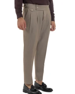 Pantaloni Uomo Classico Con Pinces Viscosa Vita Alta Gurkha Pants Fibbie Beige Melangiato P6368A