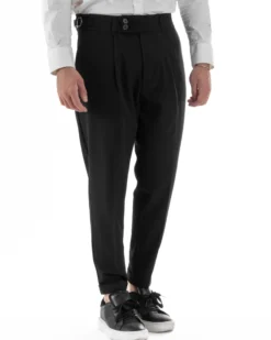Pantaloni Uomo Classico Con Pinces Pants Abbottonatura Allungata Vita Alta Gurkha Fibbie Viscosa Casual Nero GIOSAL-P6285A