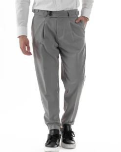 Pantaloni Uomo Classico Con Pinces Pants Abbottonatura Allungata Vita Alta Gurkha Fibbie Viscosa Casual Grigio GIOSAL-P6286A