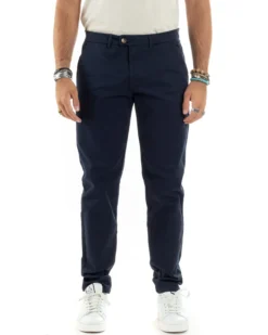 Pantaloni Uomo Cotone Raso Invernale Chinos Abbottonatura Allungata Tasca America Slim Fit Tinta Unita Blu GIOSAL-P6143A