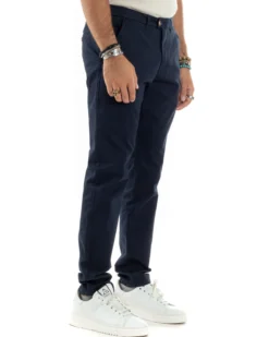 Pantaloni Uomo Cotone Raso Invernale Chinos Abbottonatura Allungata Tasca America Slim Fit Tinta Unita Blu GIOSAL-P6143A