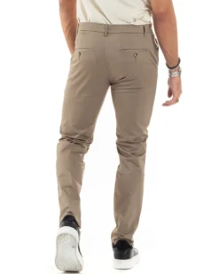 Pantaloni Uomo Cotone Raso Invernale Chinos Abbottonatura Allungata Tasca America Slim Fit Tinta Unita Beige GIOSAL-P6144A