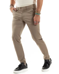 Pantaloni Uomo Cotone Raso Invernale Chinos Abbottonatura Allungata Tasca America Slim Fit Tinta Unita Beige GIOSAL-P6144A