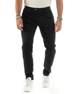 Pantaloni Uomo Cotone Raso Invernale Chinos Abbottonatura Allungata Tasca America Slim Fit Tinta Unita Nero GIOSAL-P6145A