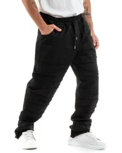 Pantaloni Uomo Denim Jogger Con Rotture Sfrangiato Pantalaccio Con Coulisse Ripped Casual Tinta Unita Nero GIOSAL-P5851A